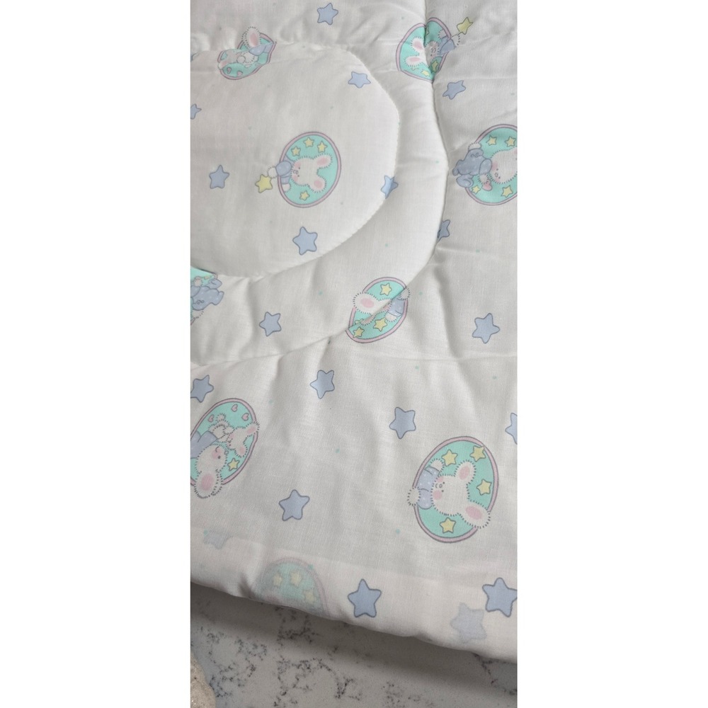 Vintage Triboro Quilt Mfg Baby Blanket Pastel Bunny Stars White Blue 33x42 USA